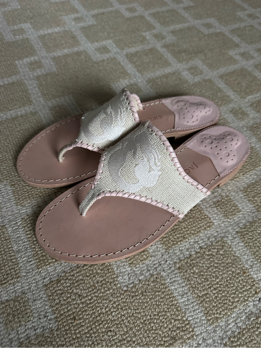 Jack Rogers Spartina Mermaid Thong Flip Flop Sandals Pink Ivory Leather Linen 9 - Picture 10 of 14